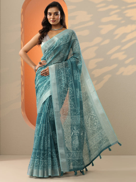 Blue Printed Cotton Blend Baluchari Saree With Unstitched Blouse Piece