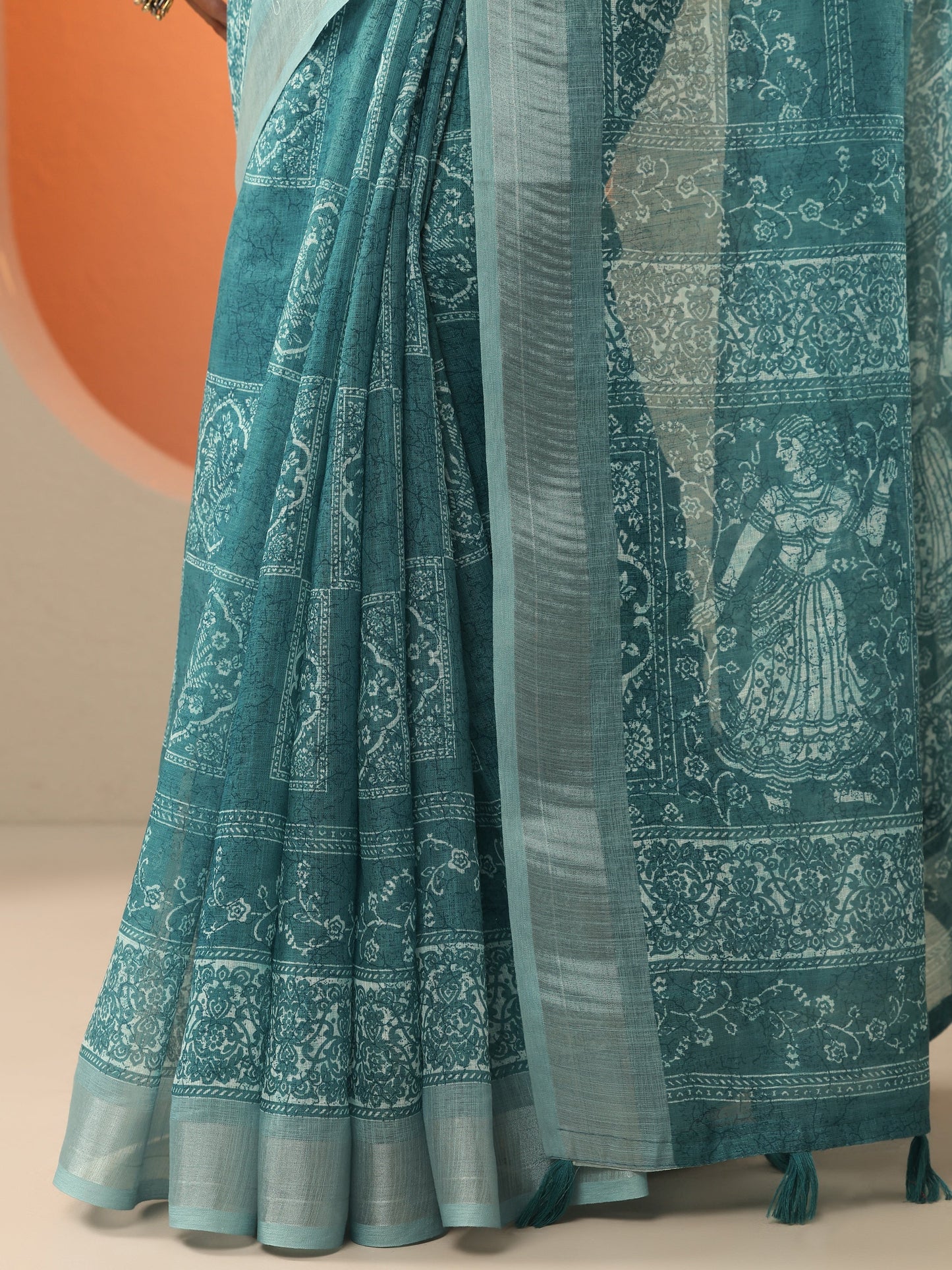 Blue Printed Cotton Blend Baluchari Saree With Unstitched Blouse Piece