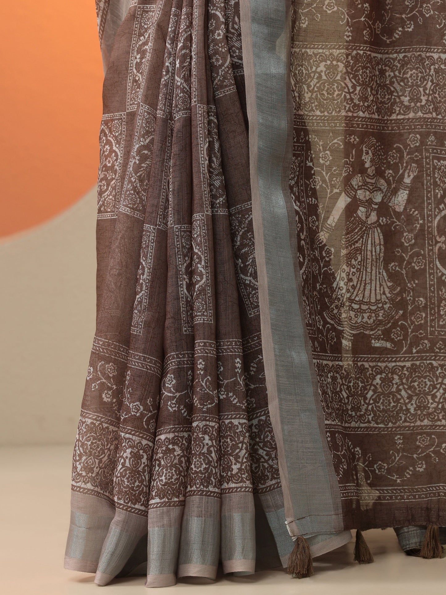Brown Printed Cotton Blend Baluchari Saree With Unstitched Blouse Piece