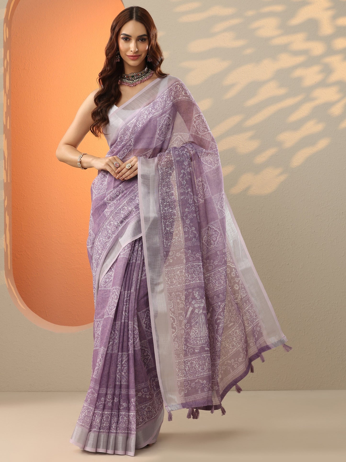 Lavender Printed Cotton Blend Saree With Unstitched Blouse Piece