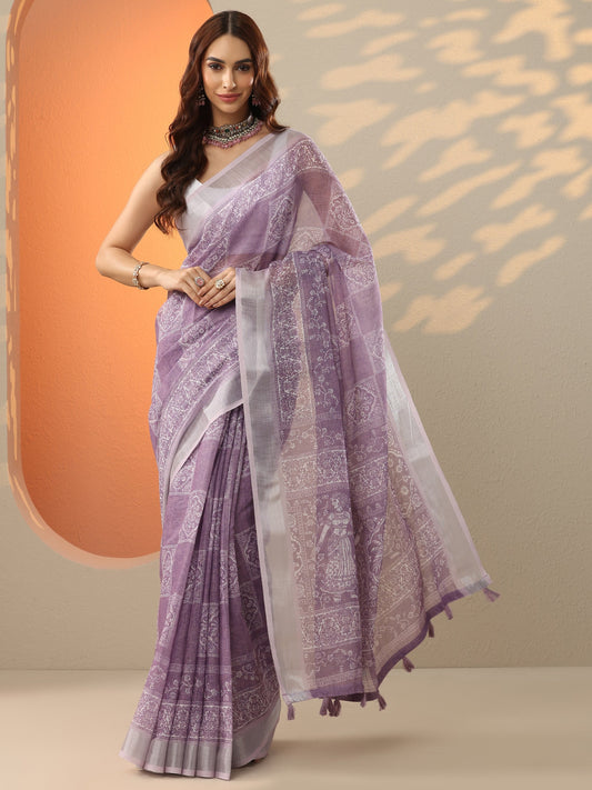 Lavender Printed Cotton Blend Saree With Unstitched Blouse Piece