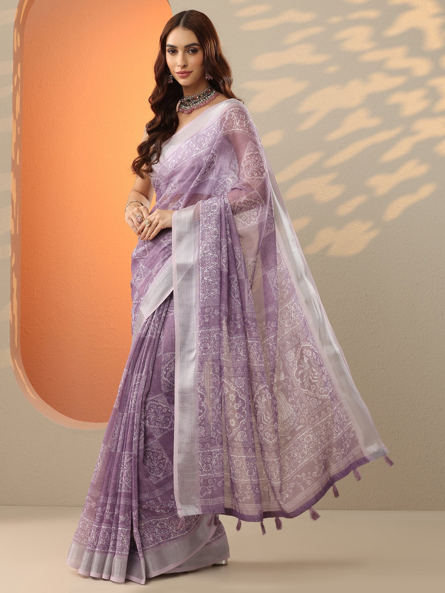 Lavender Printed Cotton Blend Saree With Unstitched Blouse Piece