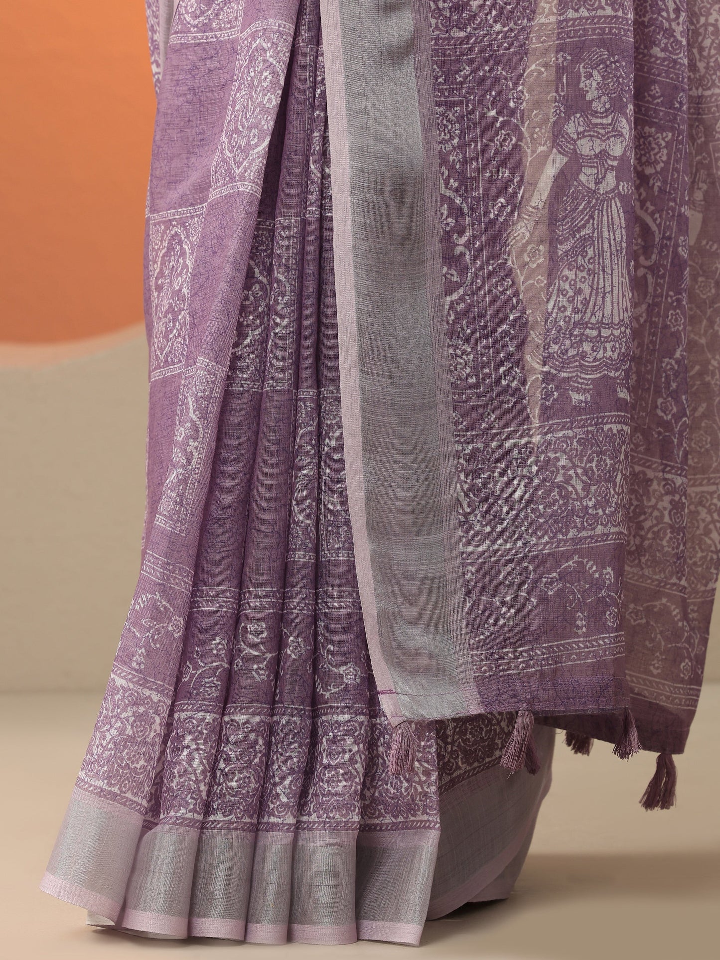 Lavender Printed Cotton Blend Saree With Unstitched Blouse Piece
