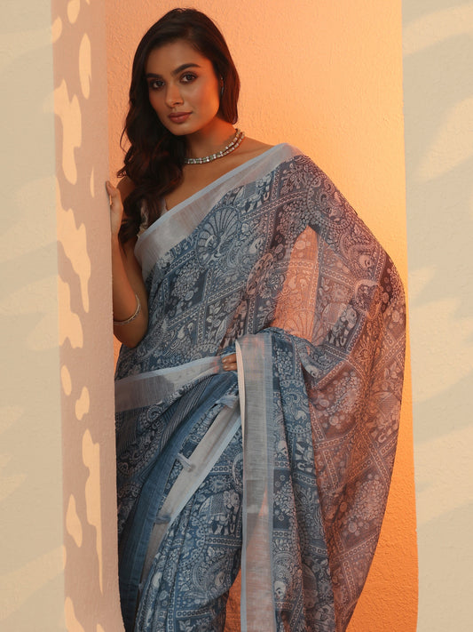 Blue Printed Cotton Blend Saree With Unstitched Blouse Piece