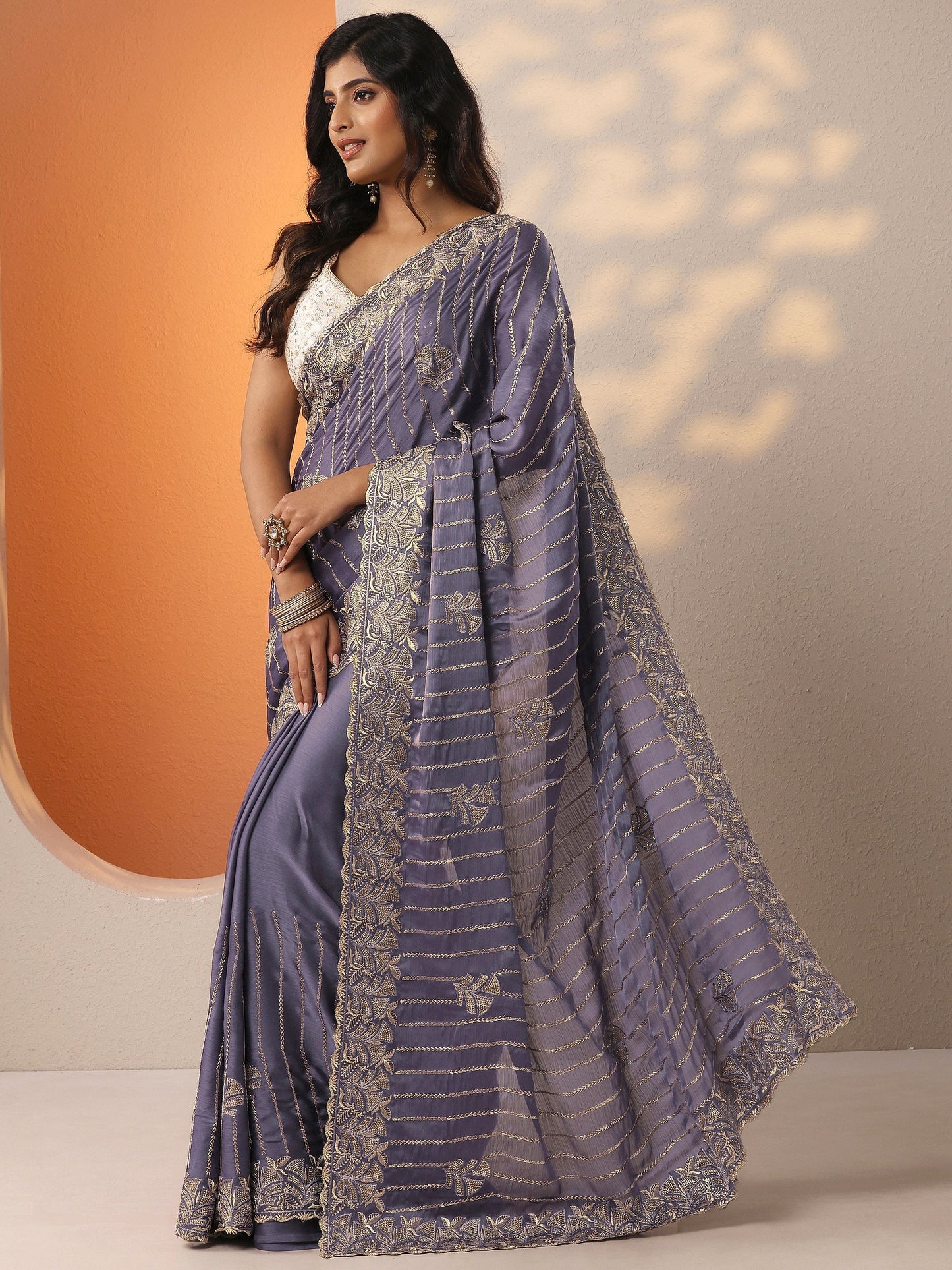 Purple Embellished Chinon Saree With Unstitched Blouse Piece