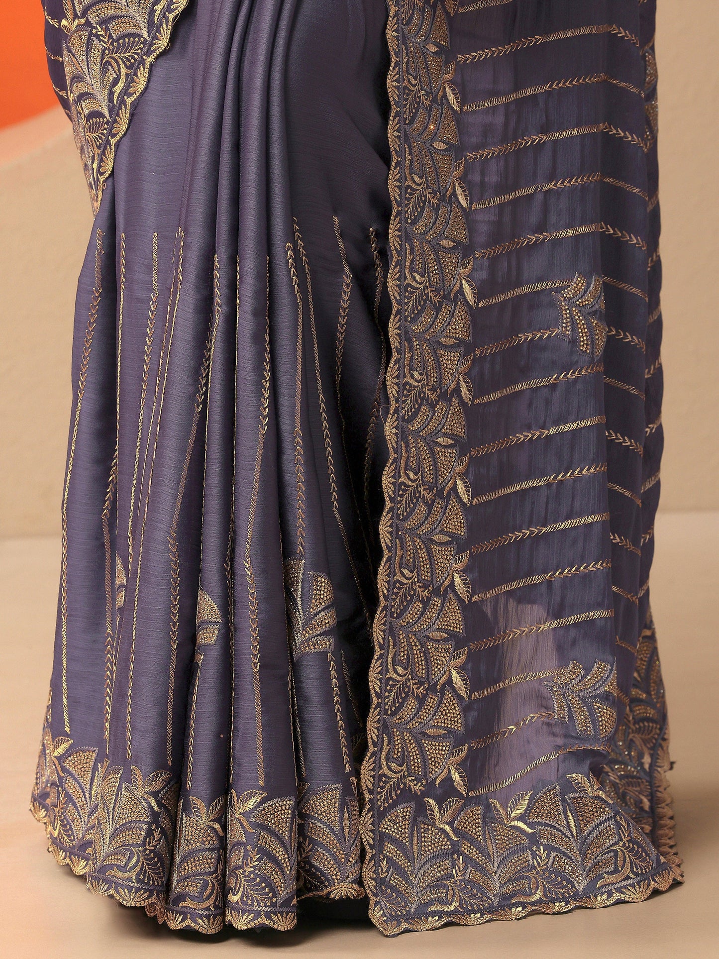 Purple Embellished Chinon Saree With Unstitched Blouse Piece