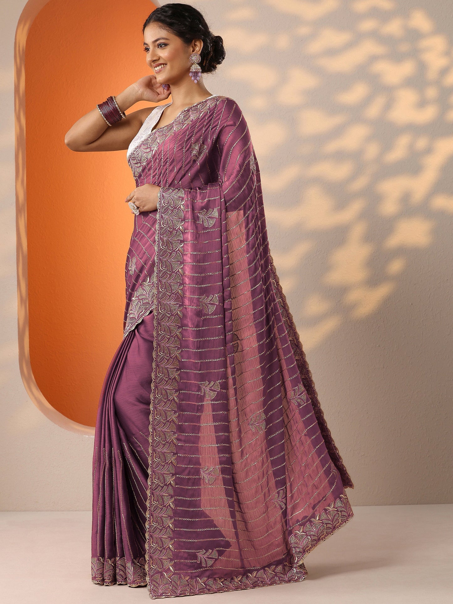 Mauve Embellished Chinon Saree With Unstitched Blouse Piece