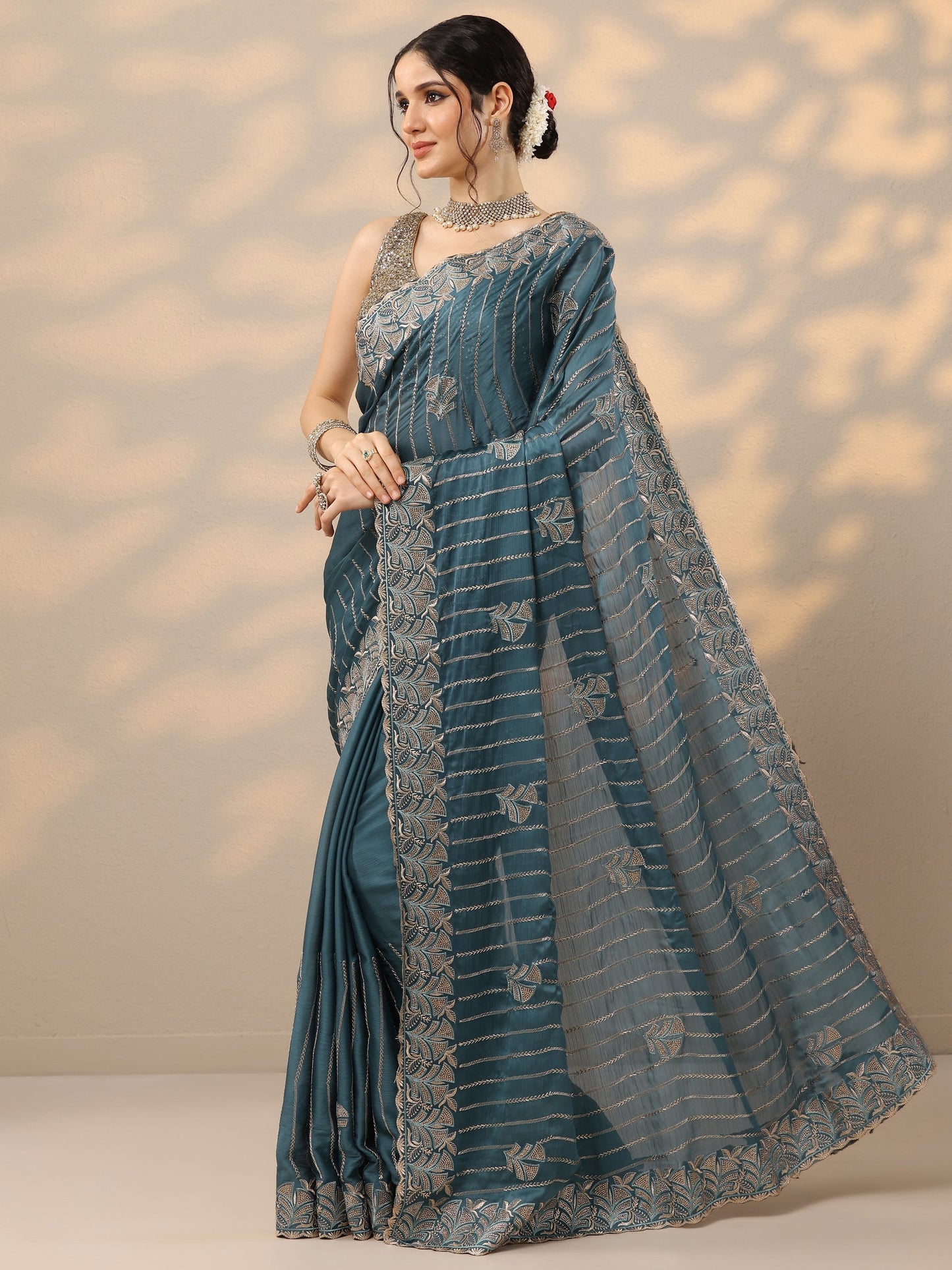 Blue Embellished Banarasi Chinon Saree With Unstitched Blouse Piece