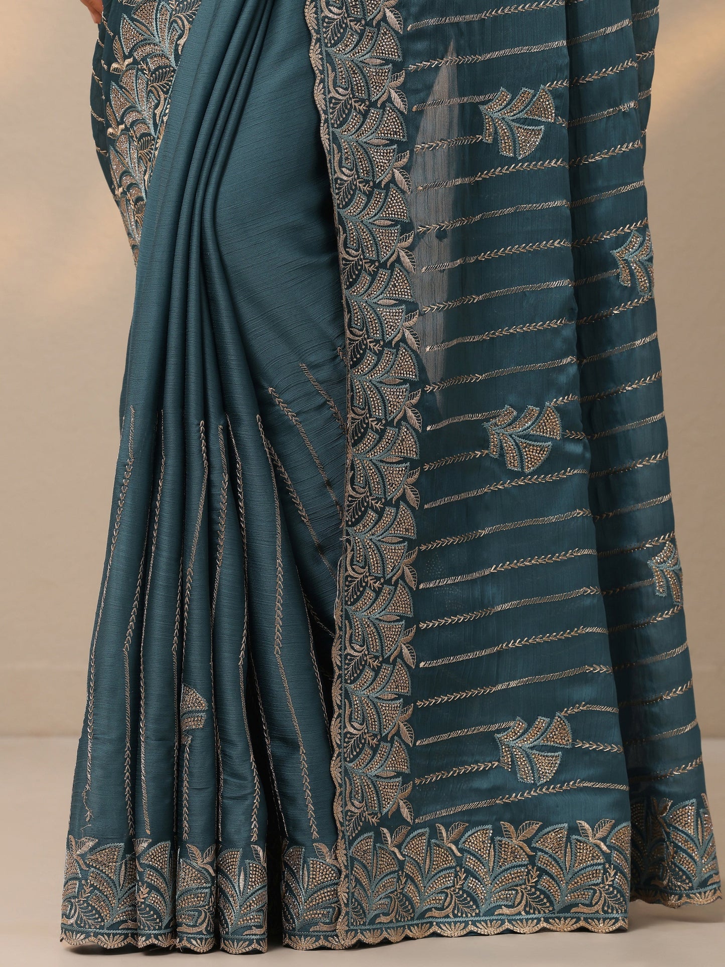 Blue Embellished Banarasi Chinon Saree With Unstitched Blouse Piece