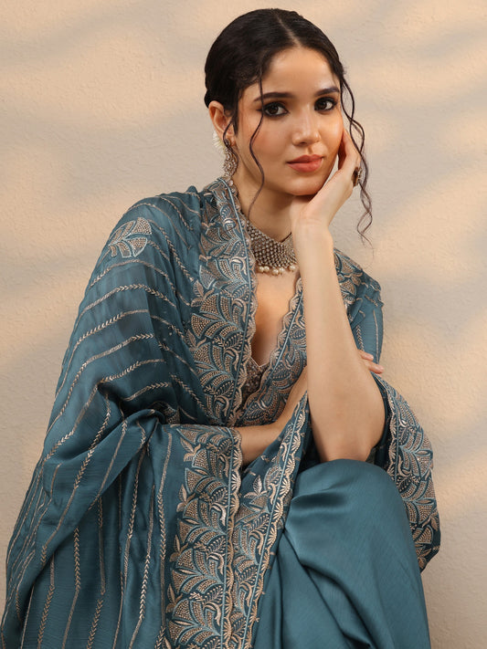 Blue Embellished Banarasi Chinon Saree With Unstitched Blouse Piece