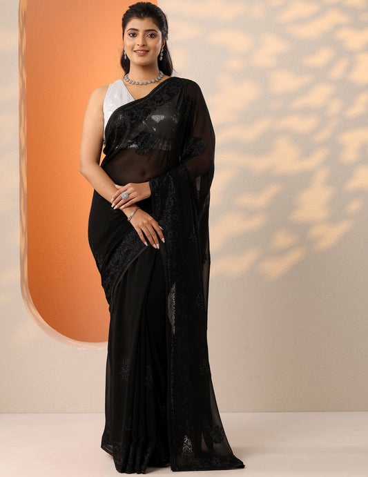 Black Embroidered Chinon Saree With Unstitched Blouse Piece