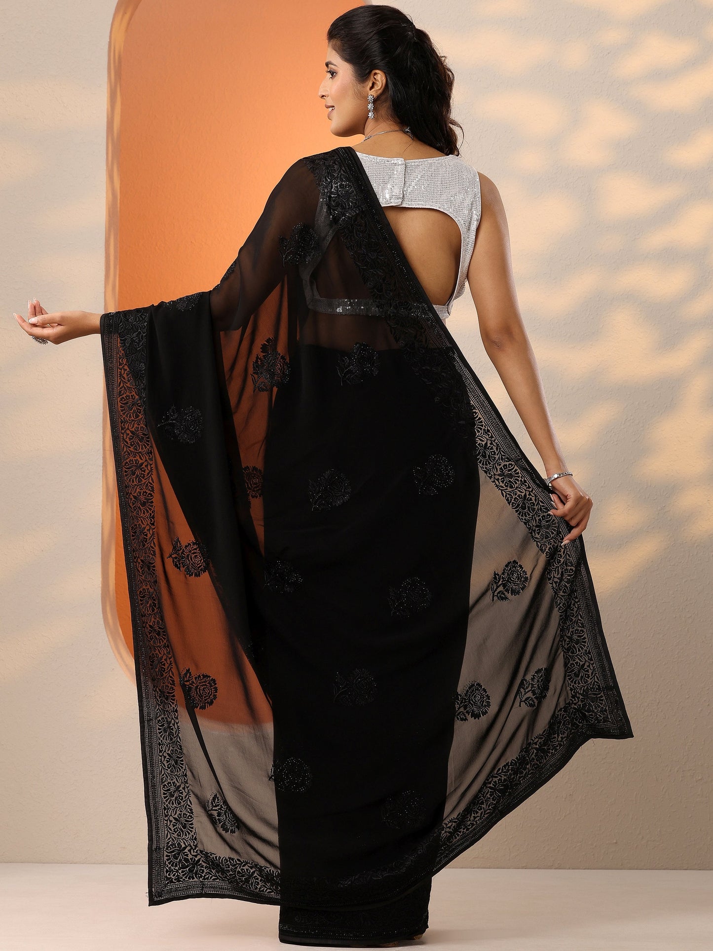 Black Embroidered Chinon Saree With Unstitched Blouse Piece