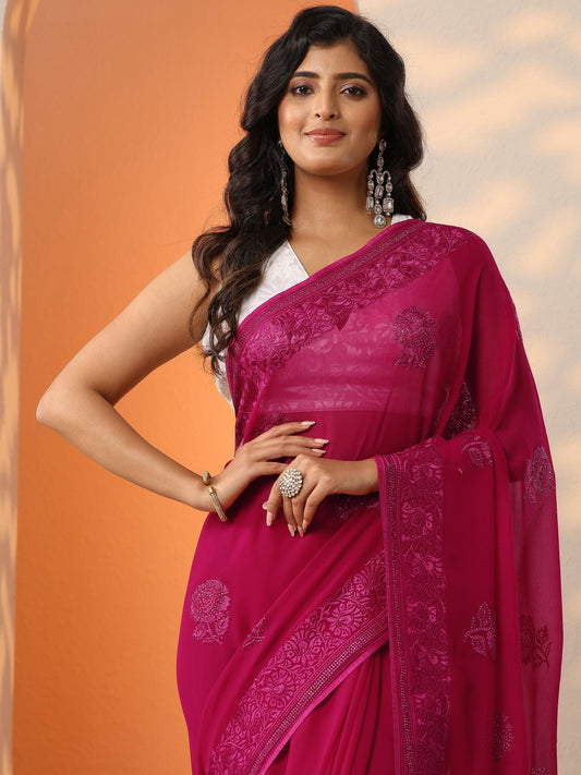 Pink Embroidered Georgette Saree With Unstitched Blouse Piece