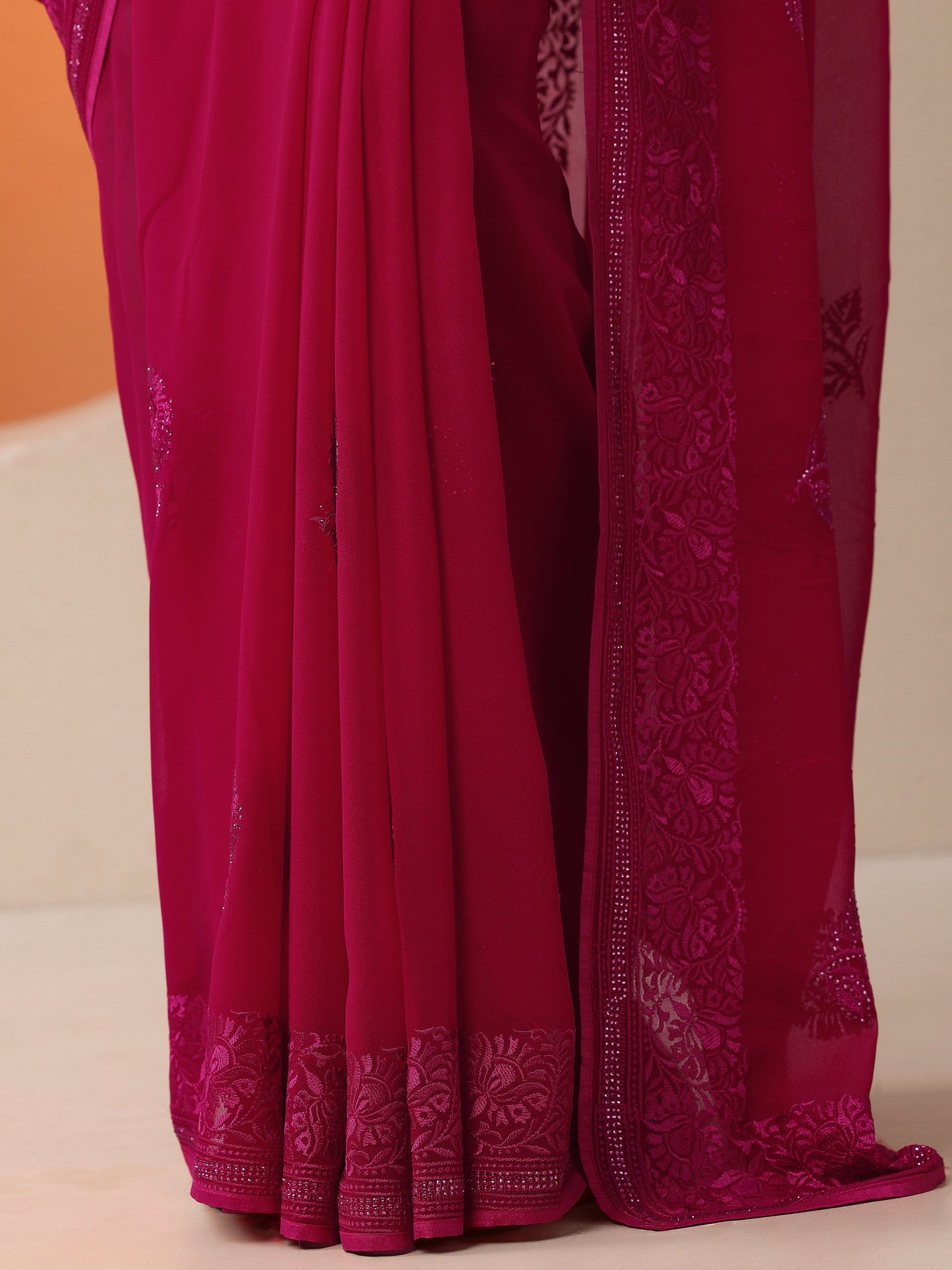 Pink Embroidered Georgette Saree With Unstitched Blouse Piece