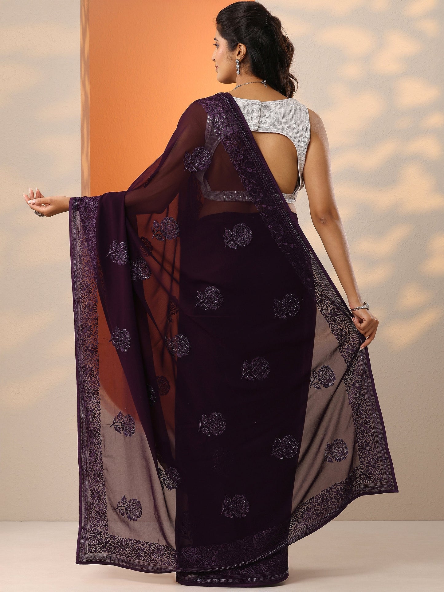 Purple Embroidered Georgette Saree With Unstitched Blouse Piece