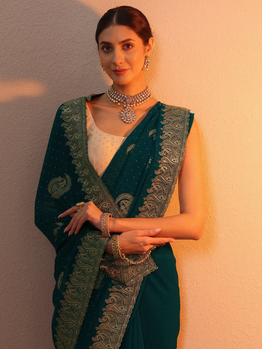 Blue Embroidered Georgette Saree With Unstitched Blouse Piece