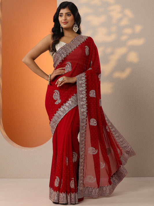 Red Embroidered Georgette Saree With Unstitched Blouse Piece