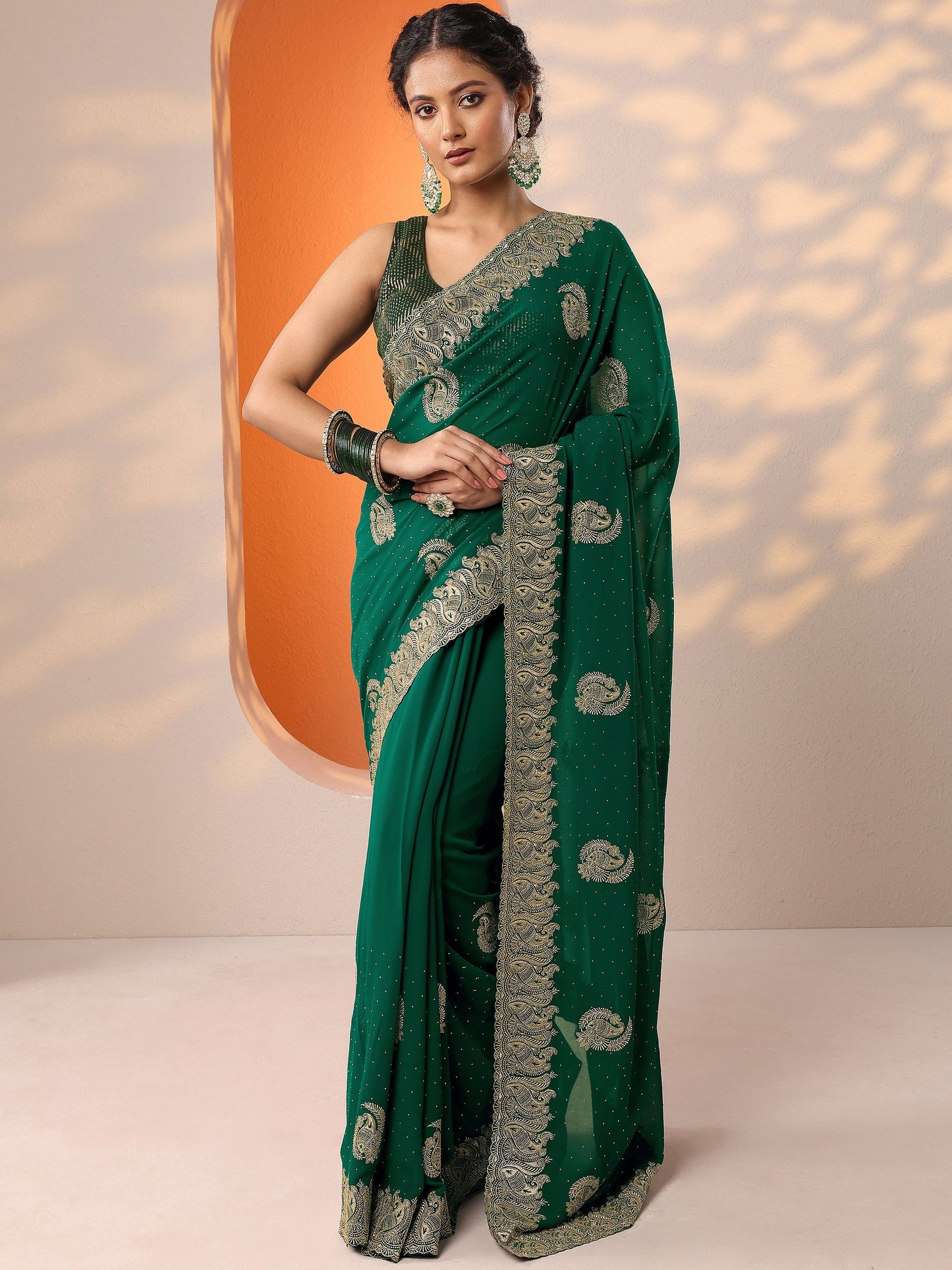 Green Embroidered Georgette Saree With Unstitched Blouse Piece