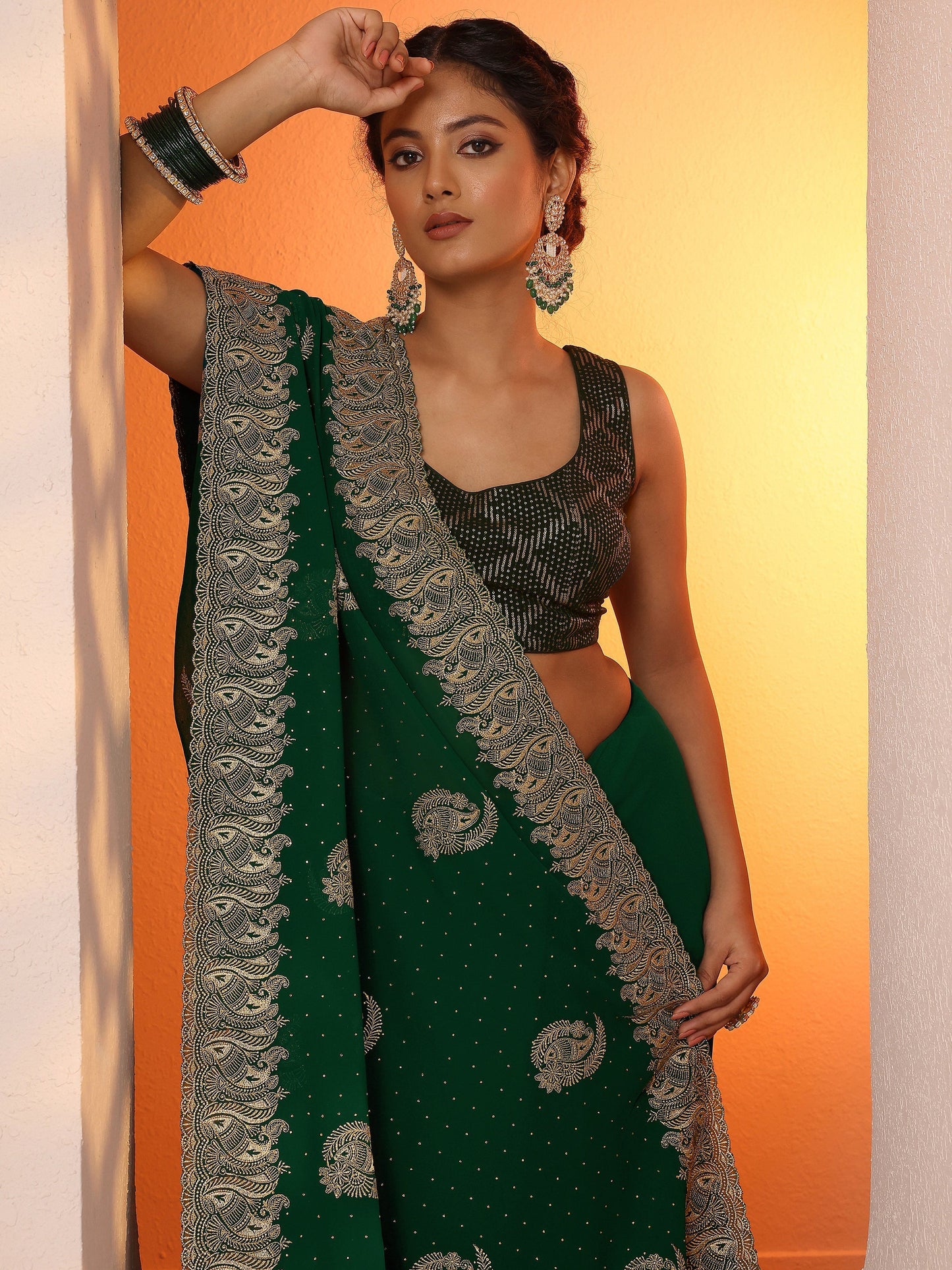 Green Embroidered Georgette Saree With Unstitched Blouse Piece