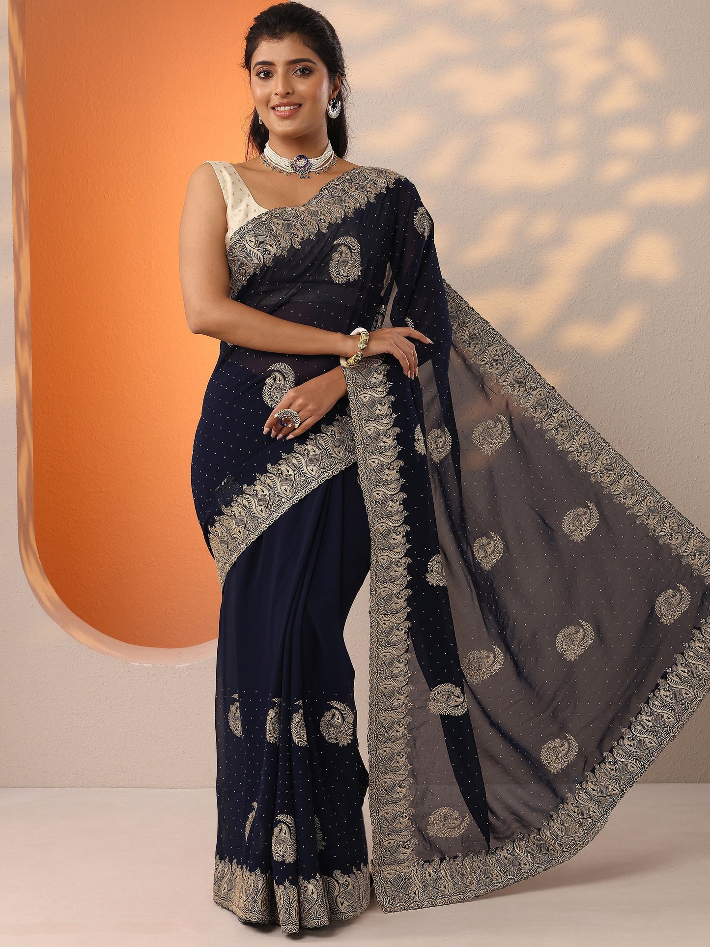 Navy Blue Embroidered Georgette Saree With Unstitched Blouse Piece