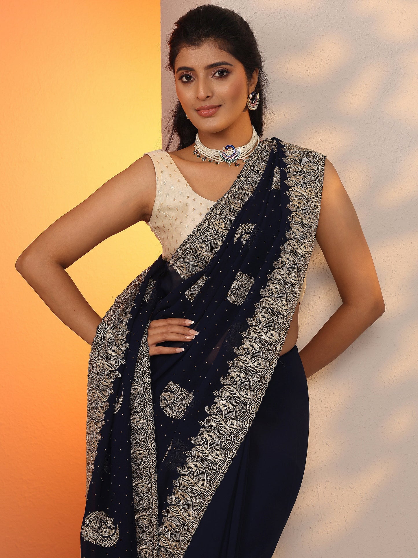 Navy Blue Embroidered Georgette Saree With Unstitched Blouse Piece