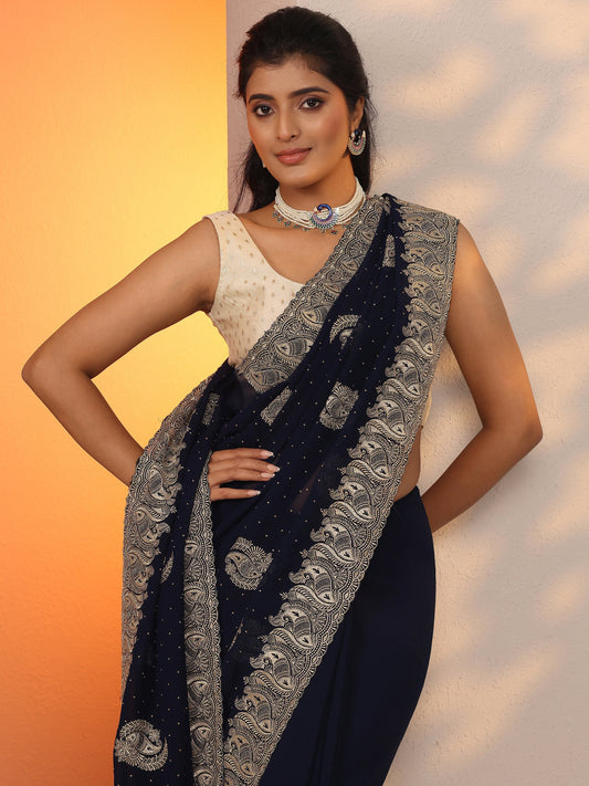 Navy Blue Embroidered Georgette Saree With Unstitched Blouse Piece
