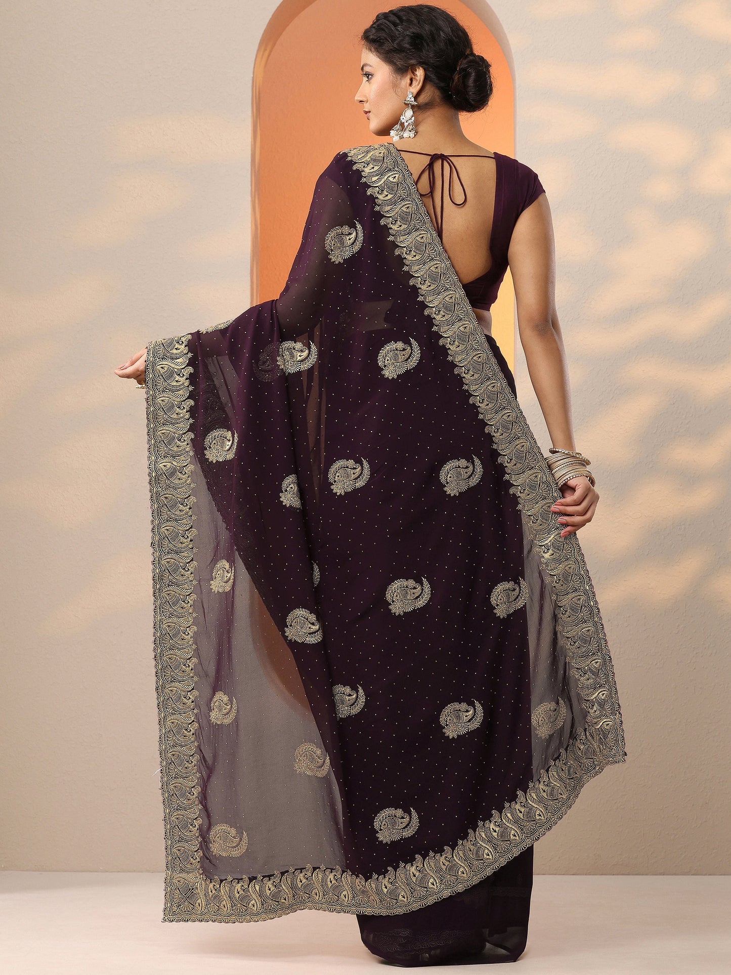 Burgundy Embroidered Georgette Saree With Unstitched Blouse Piece