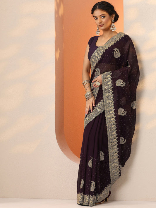 Burgundy Embroidered Georgette Saree With Unstitched Blouse Piece