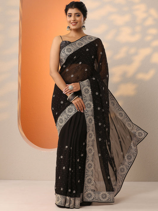 Black Embroidered Georgette Saree With Unstitched Blouse Piece