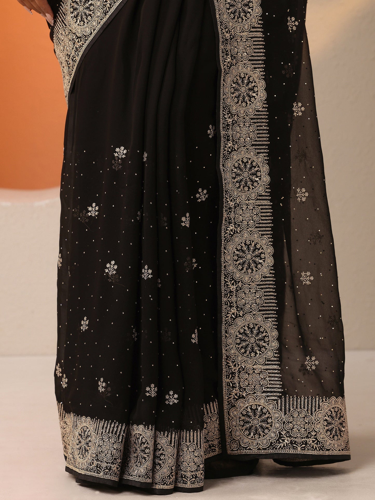 Black Embroidered Georgette Saree With Unstitched Blouse Piece