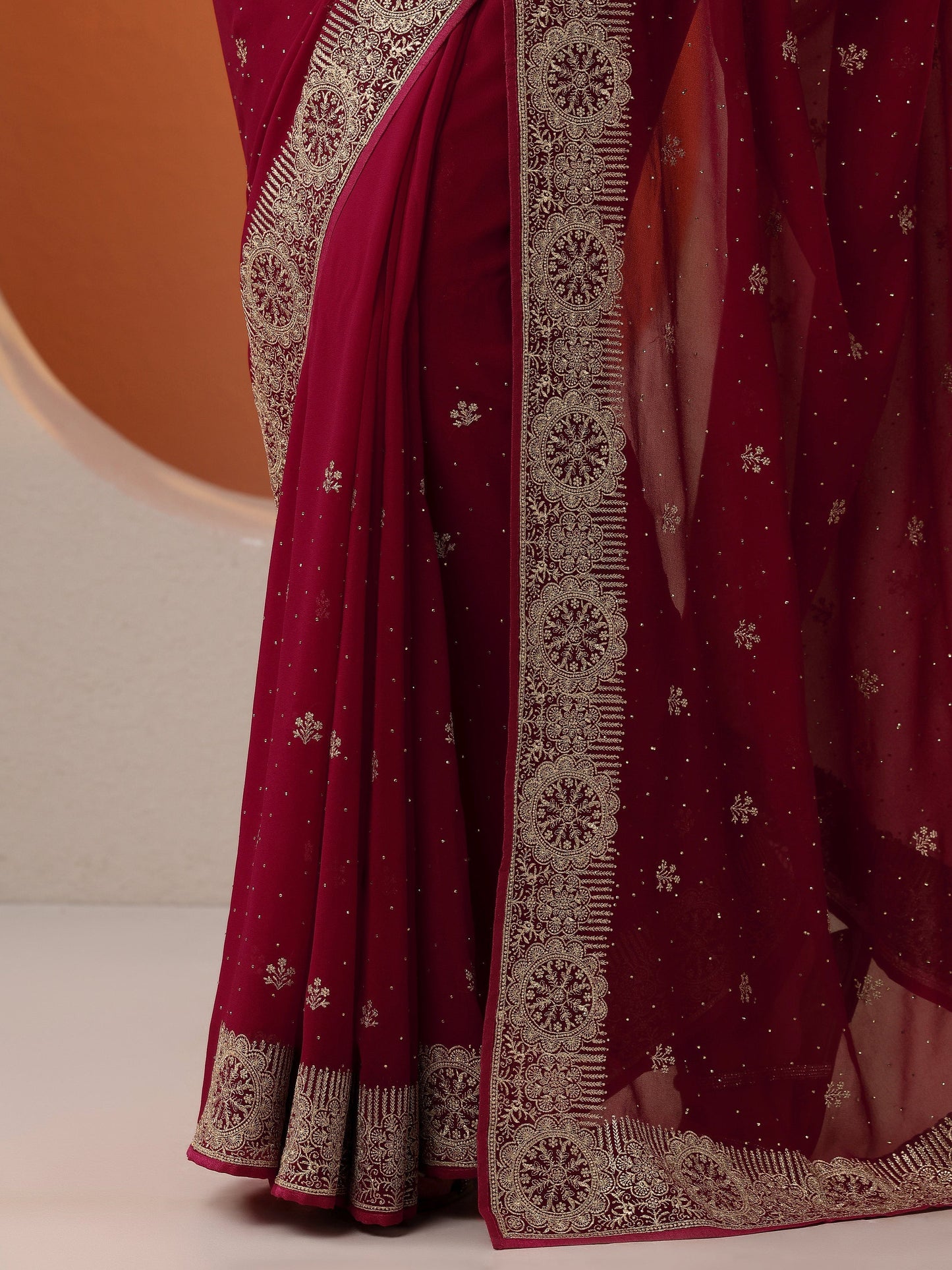 Red Embroidered Georgette Saree With Unstitched Blouse Piece