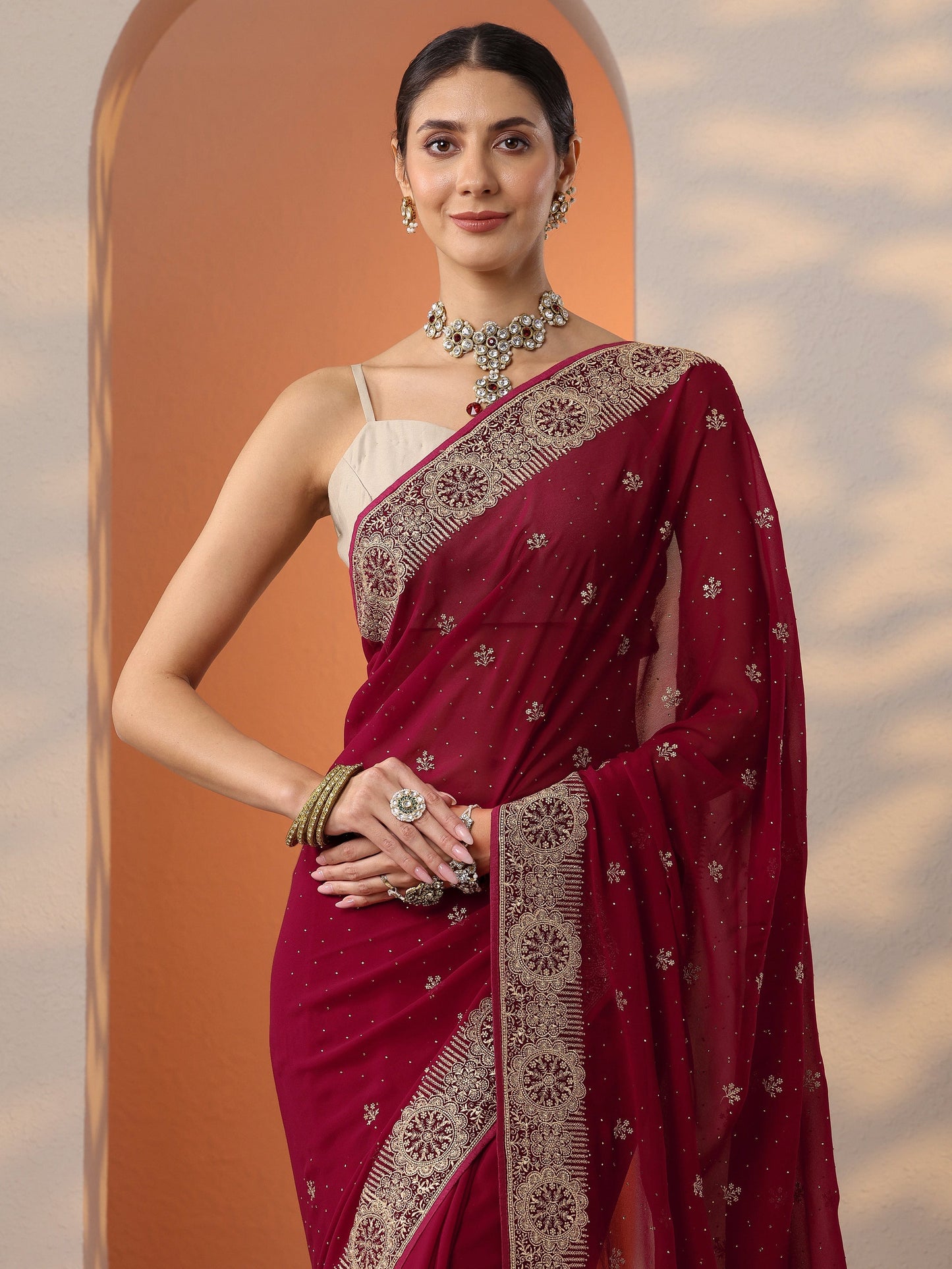 Red Embroidered Georgette Saree With Unstitched Blouse Piece