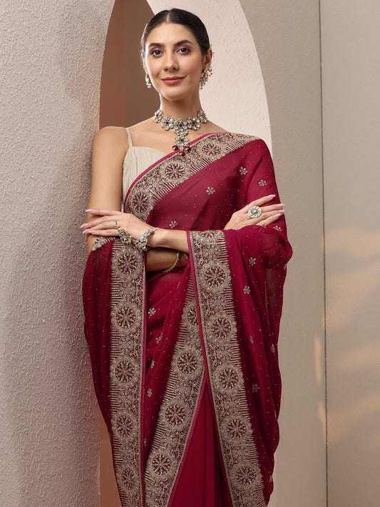 Red Embroidered Georgette Saree With Unstitched Blouse Piece