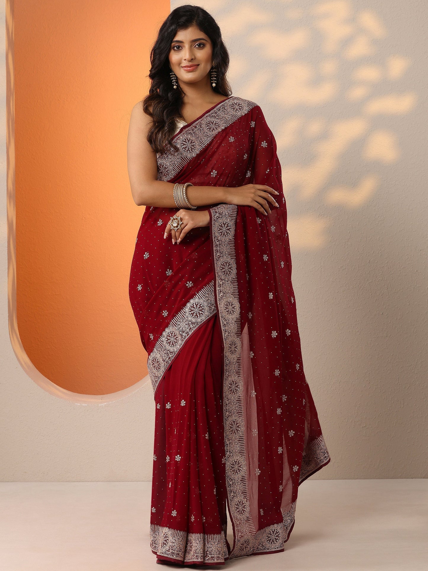 Maroon Embroidered Georgette Saree With Unstitched Blouse Piece