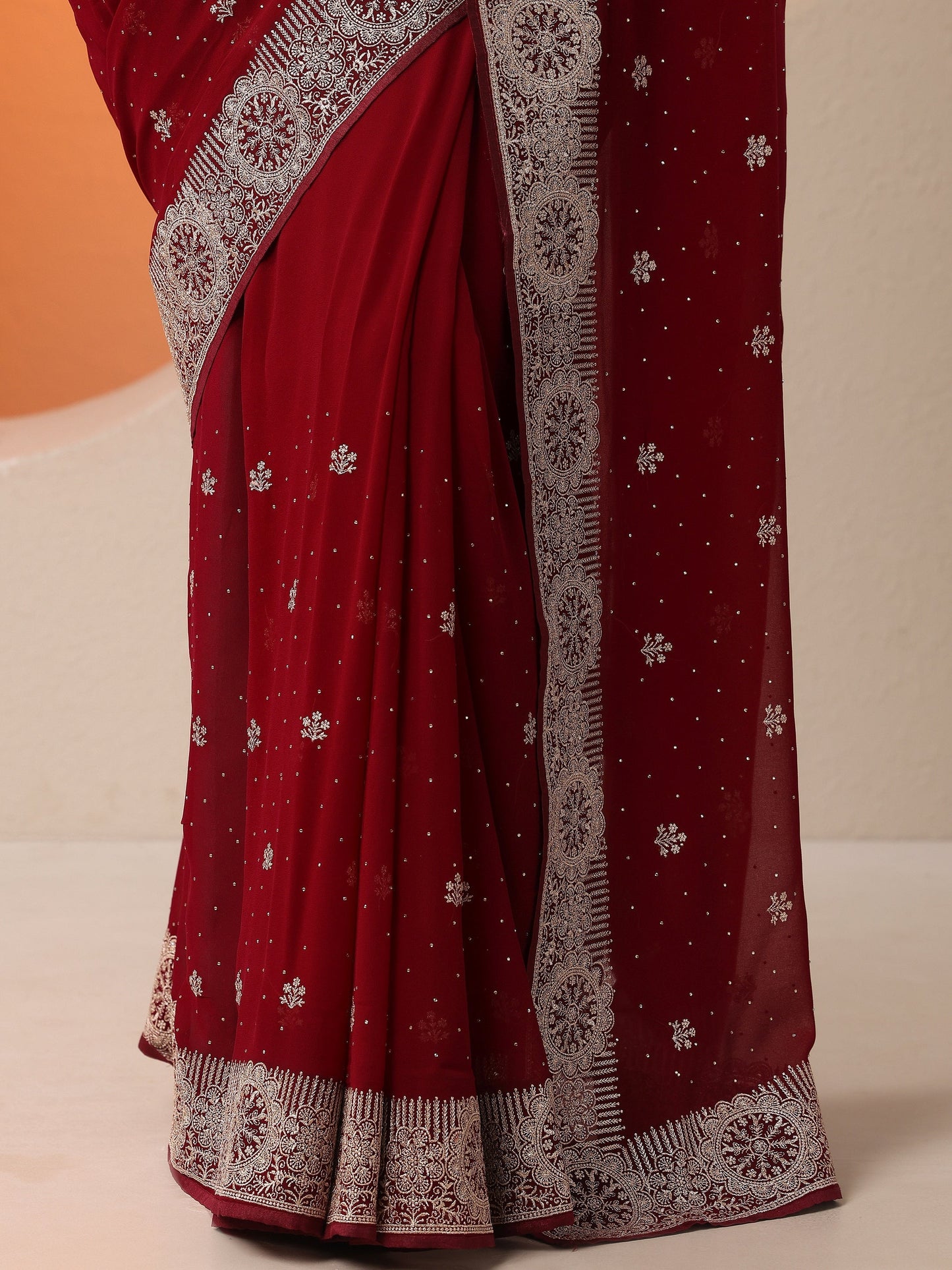 Maroon Embroidered Georgette Saree With Unstitched Blouse Piece