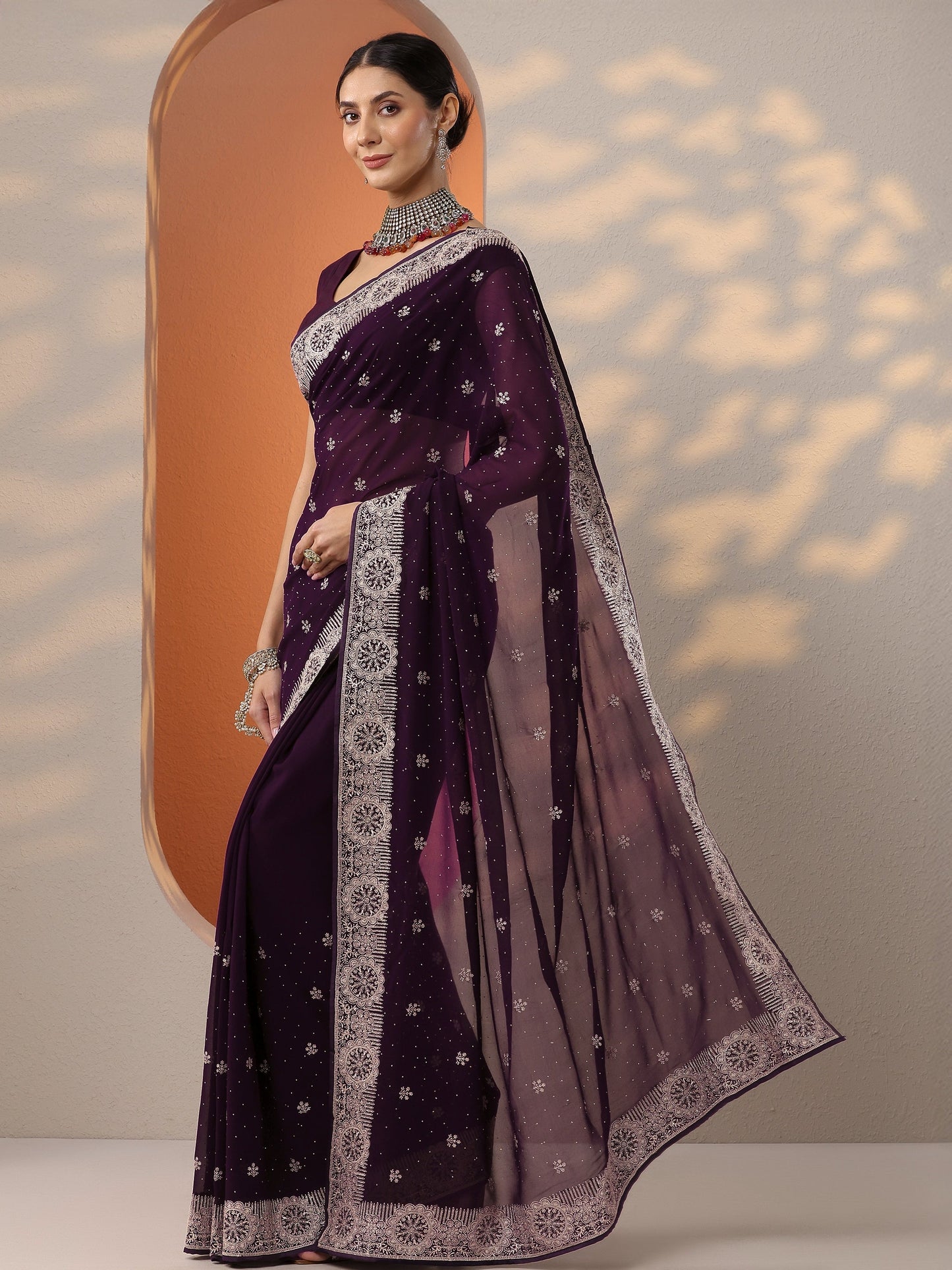 Burgundy Embroidered Georgette Saree With Unstitched Blouse Piece