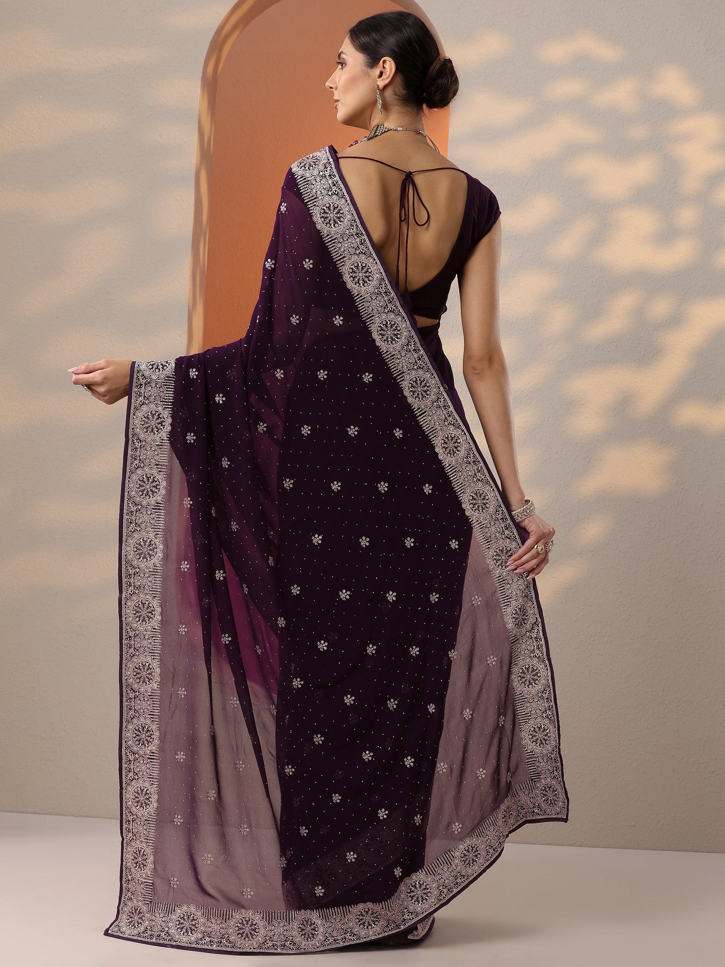 Burgundy Embroidered Georgette Saree With Unstitched Blouse Piece