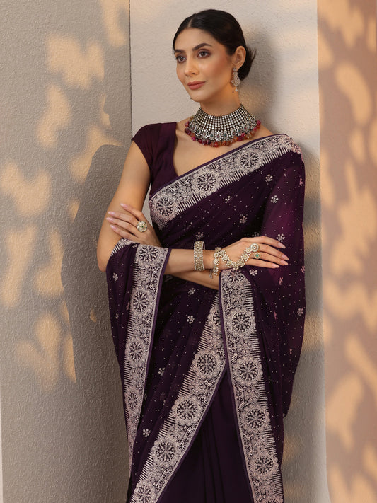 Burgundy Embroidered Georgette Saree With Unstitched Blouse Piece