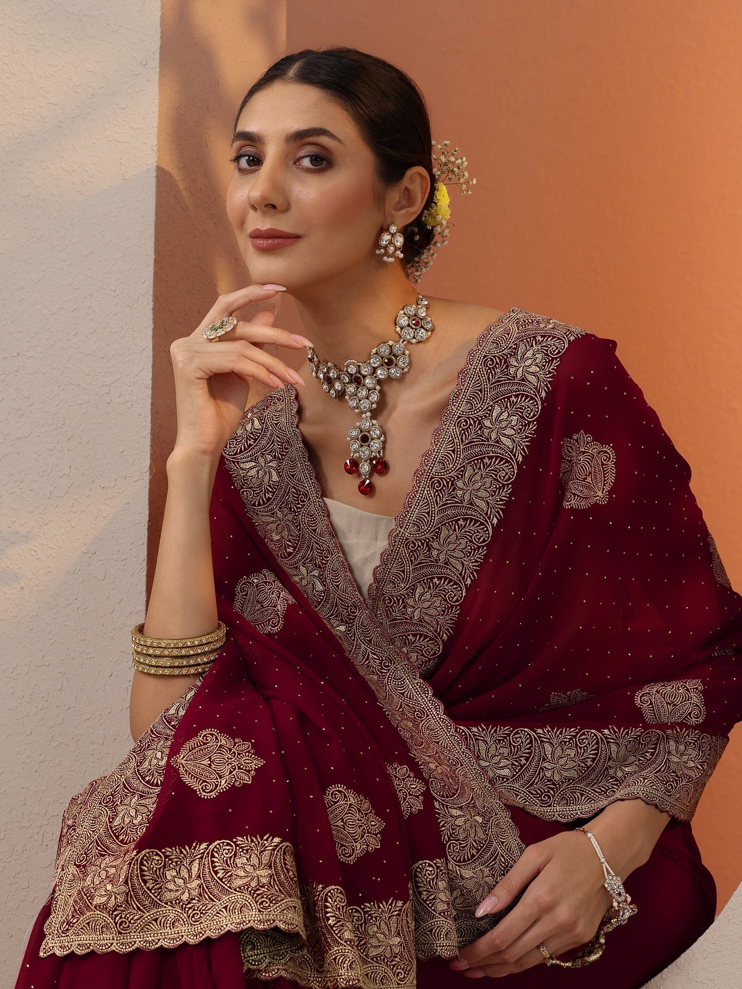 Red Embroidered Georgette Saree With Unstitched Blouse Piece