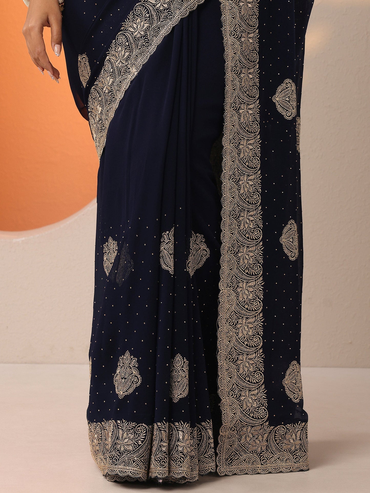 Navy Blue Embroidered Georgette Saree With Unstitched Blouse Piece