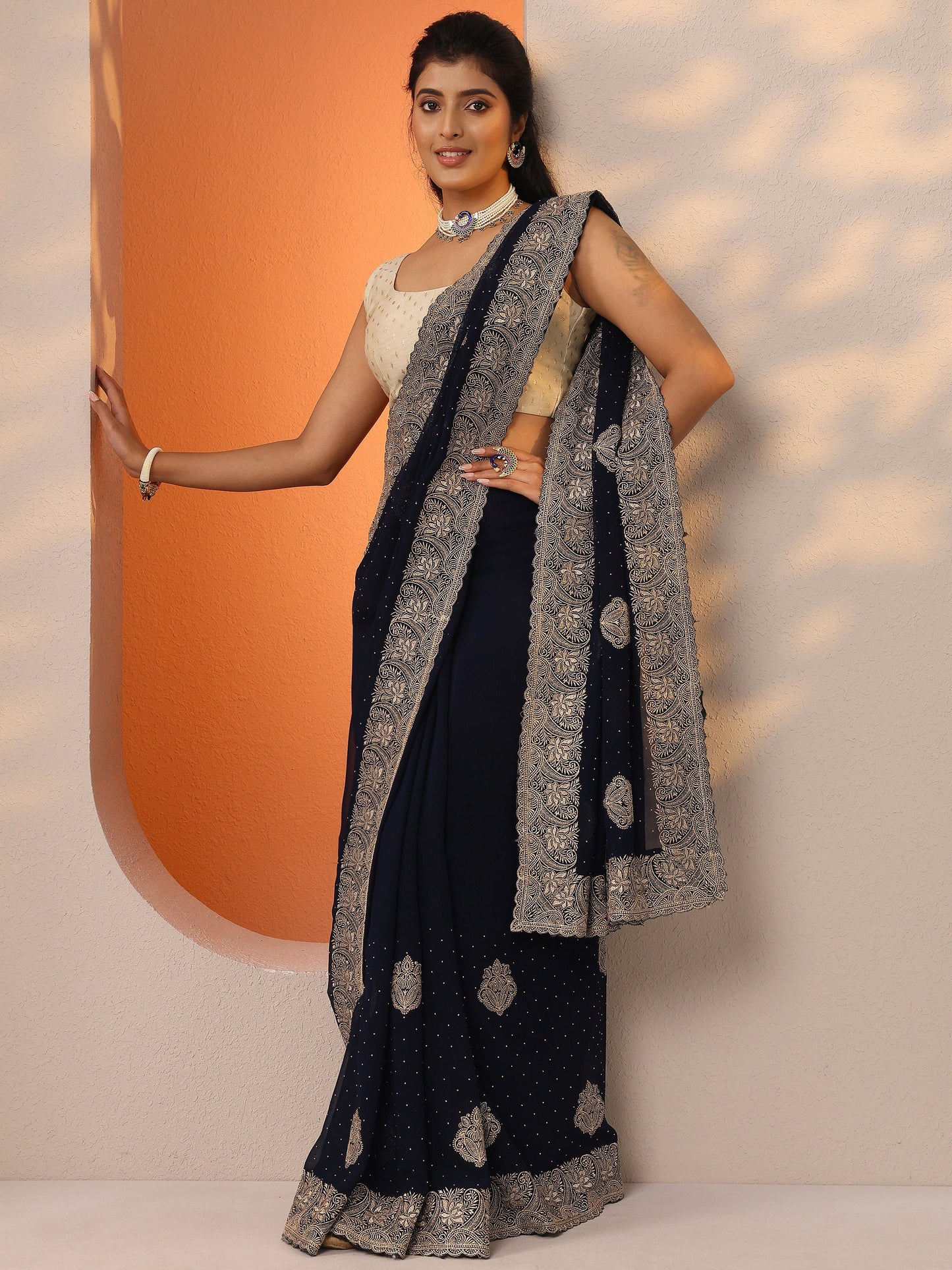 Navy Blue Embroidered Georgette Saree With Unstitched Blouse Piece