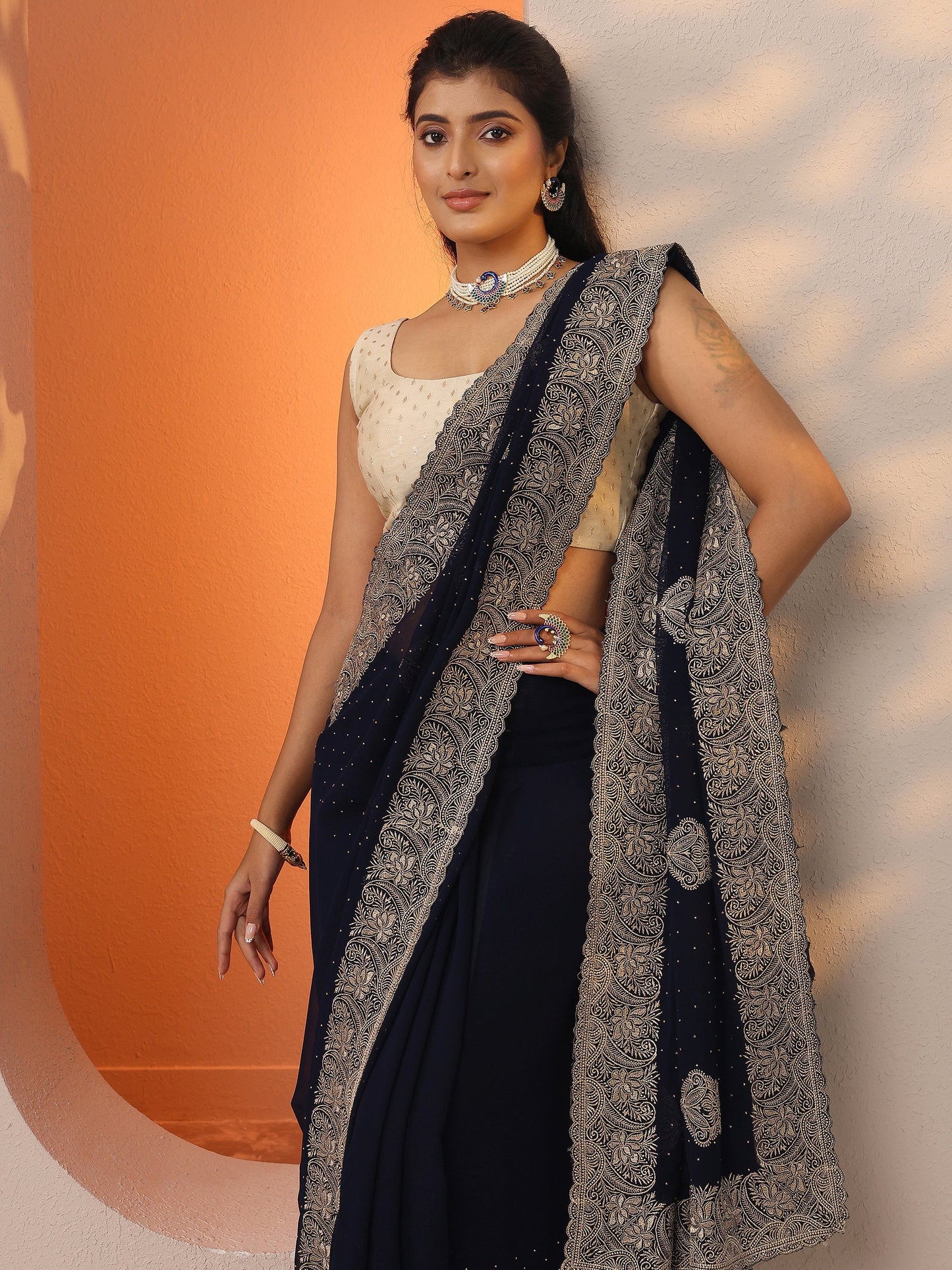 Navy Blue Embroidered Georgette Saree With Unstitched Blouse Piece