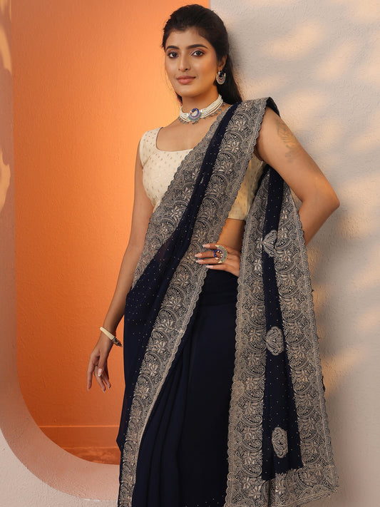 Navy Blue Embroidered Georgette Saree With Unstitched Blouse Piece