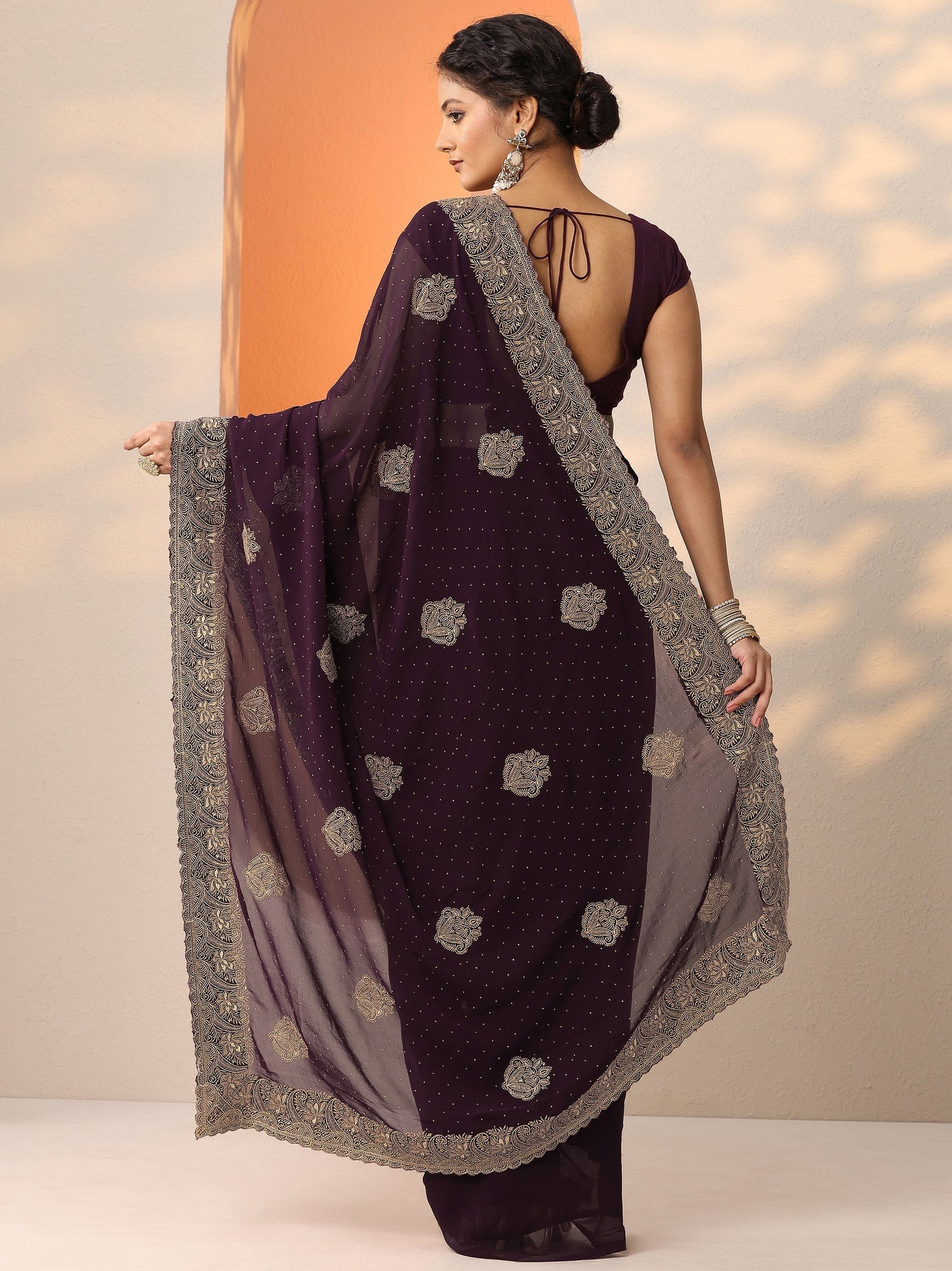 Burgundy Embroidered Georgette Saree With Unstitched Blouse Piece