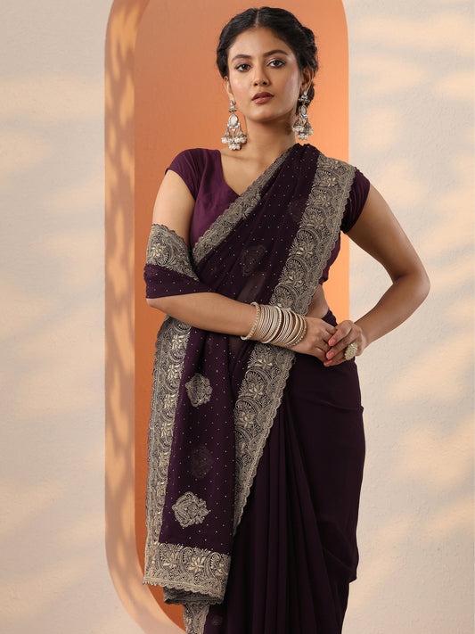 Burgundy Embroidered Georgette Saree With Unstitched Blouse Piece