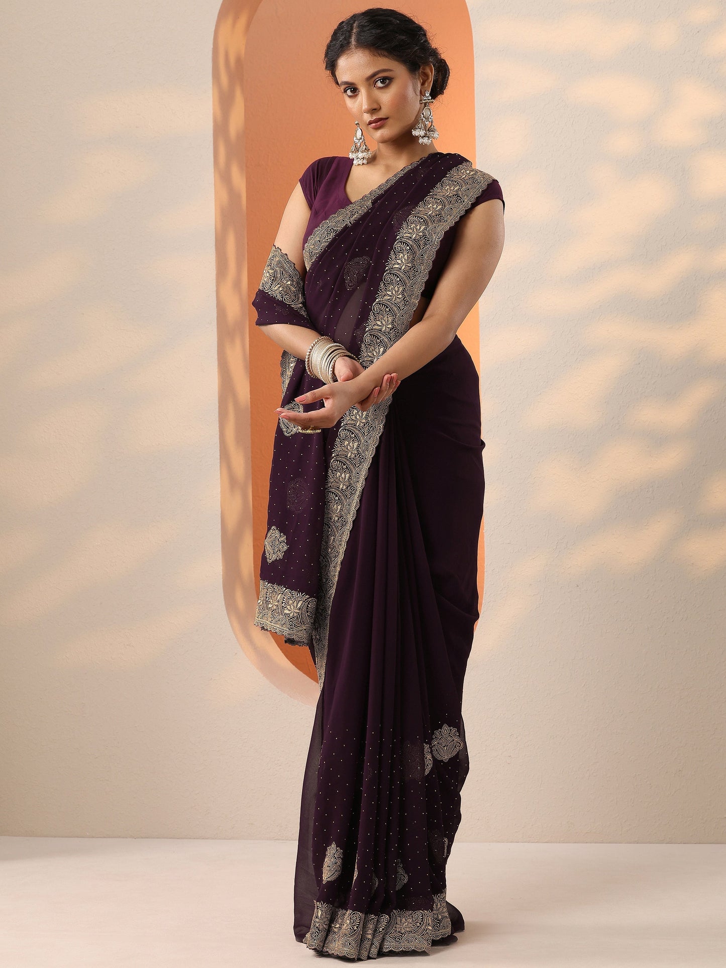 Burgundy Embroidered Georgette Saree With Unstitched Blouse Piece