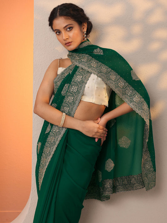 Green Embroidered Georgette Saree With Unstitched Blouse Piece
