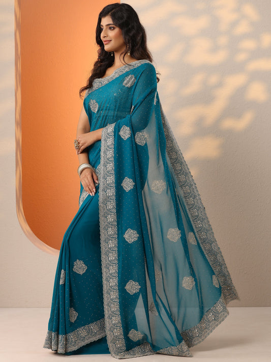 Blue Embroidered Georgette Saree With Unstitched Blouse Piece