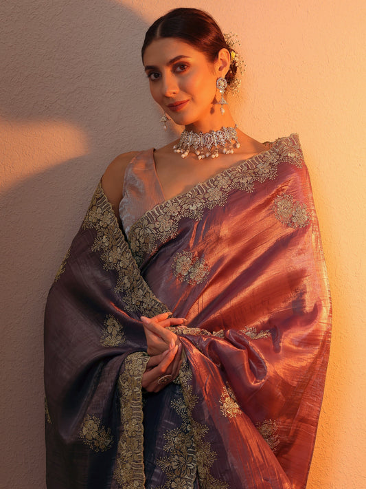 Purple Embroidered Organza Saree With Unstitched Blouse Piece