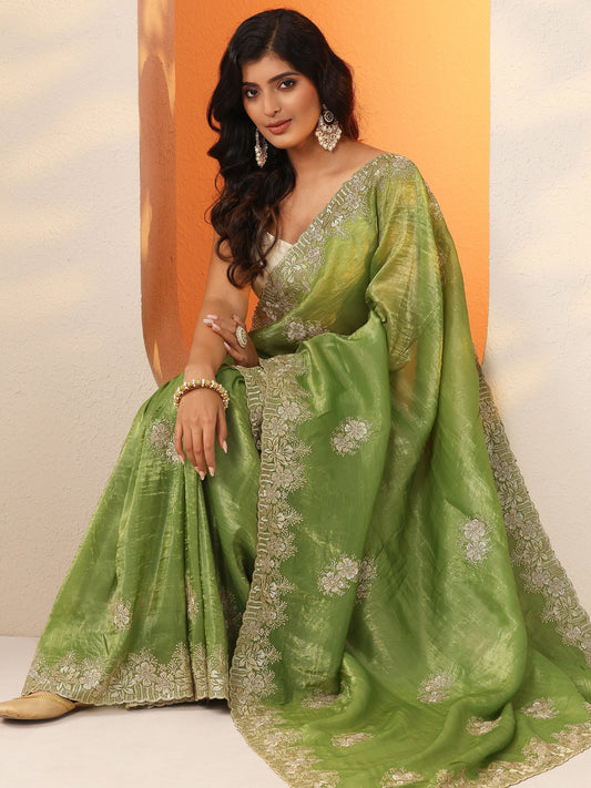 Green Embroidered Organza Saree With Unstitched Blouse Piece